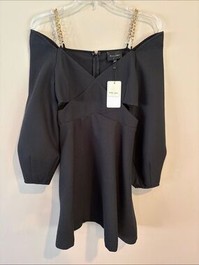 Line & Dot Black Textured Off-Shoulder Dress with Chain Straps